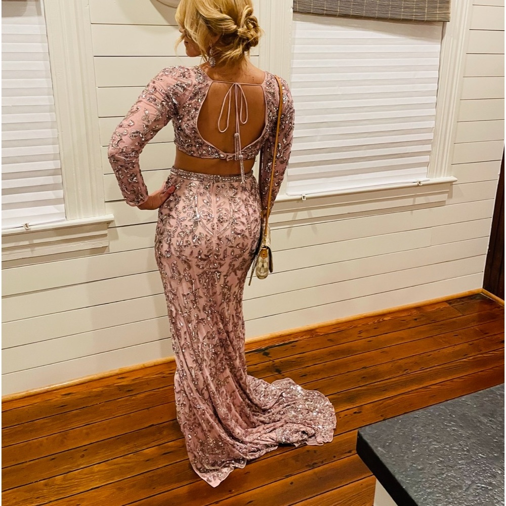 Sherry Hill light pink beaded two piece long sleeve gown- size 6